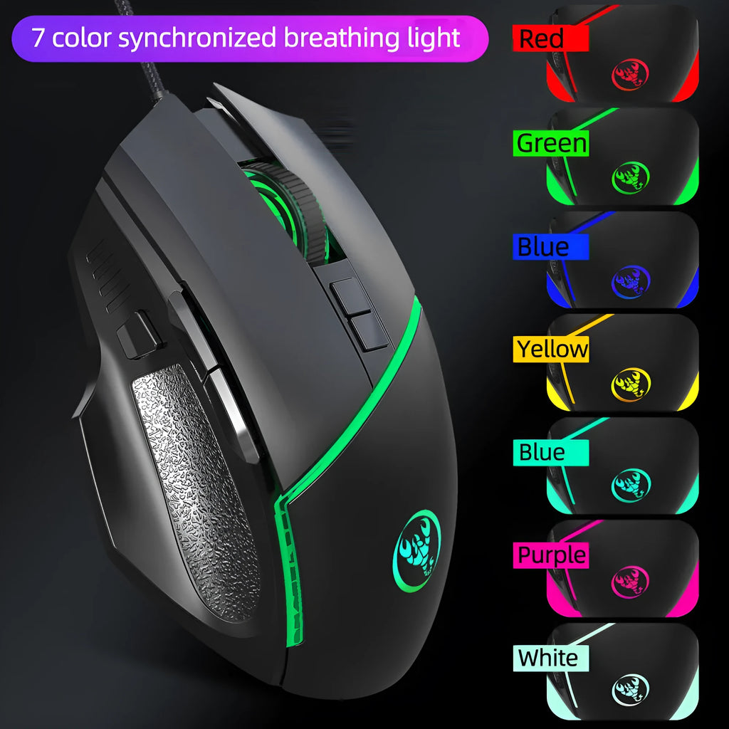 A876 black wired gaming mouse with 8 buttons and 7-colour breathing light