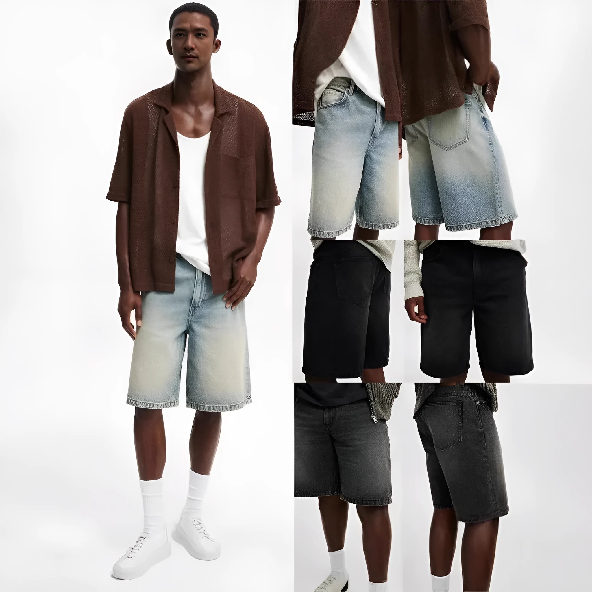 Men's light blue loose fit straight leg denim jeans showing front and back view