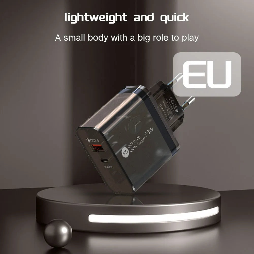 38W transparent charging adapter with TYPE-C port, EU round and US flat plug heads visible