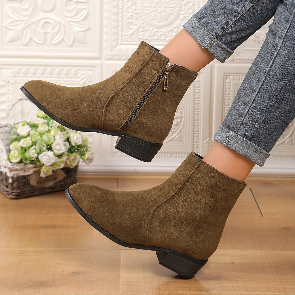 Suede Dr Martens short women's boots with chunky heel, side zipper, pointed toe, in black brown dark green