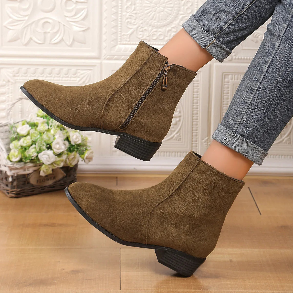 Suede Dr Martens short women's boots with chunky heel, side zipper, pointed toe, in black brown dark green