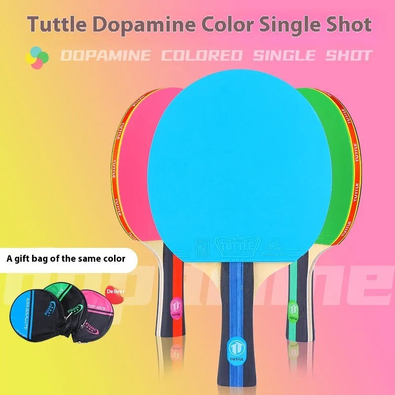 Table tennis racket with protective cover in choice of pink, blue or green colours with long handle shakehand grip