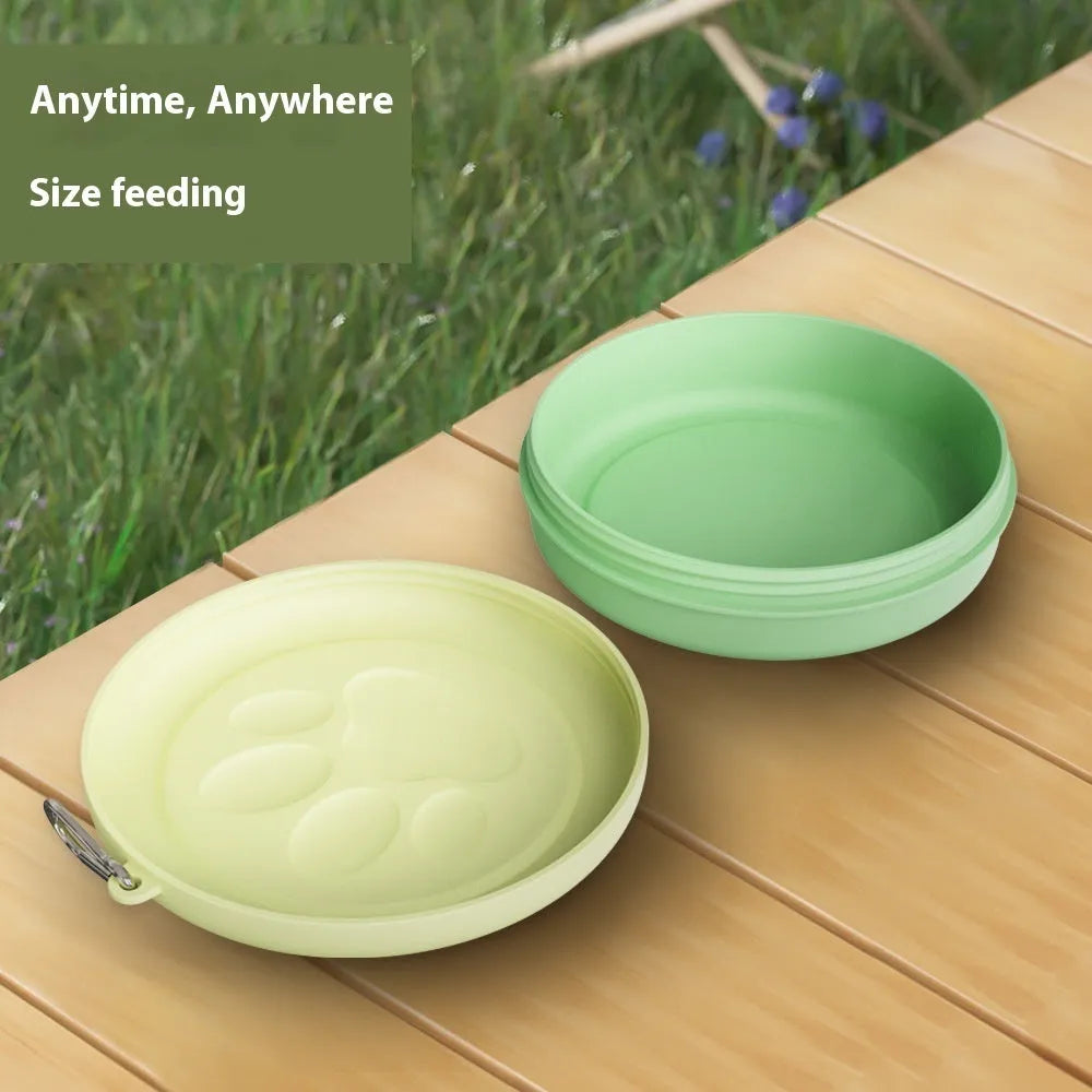 Portable outdoor dog feeding bowl shown in light pink and green colour options.