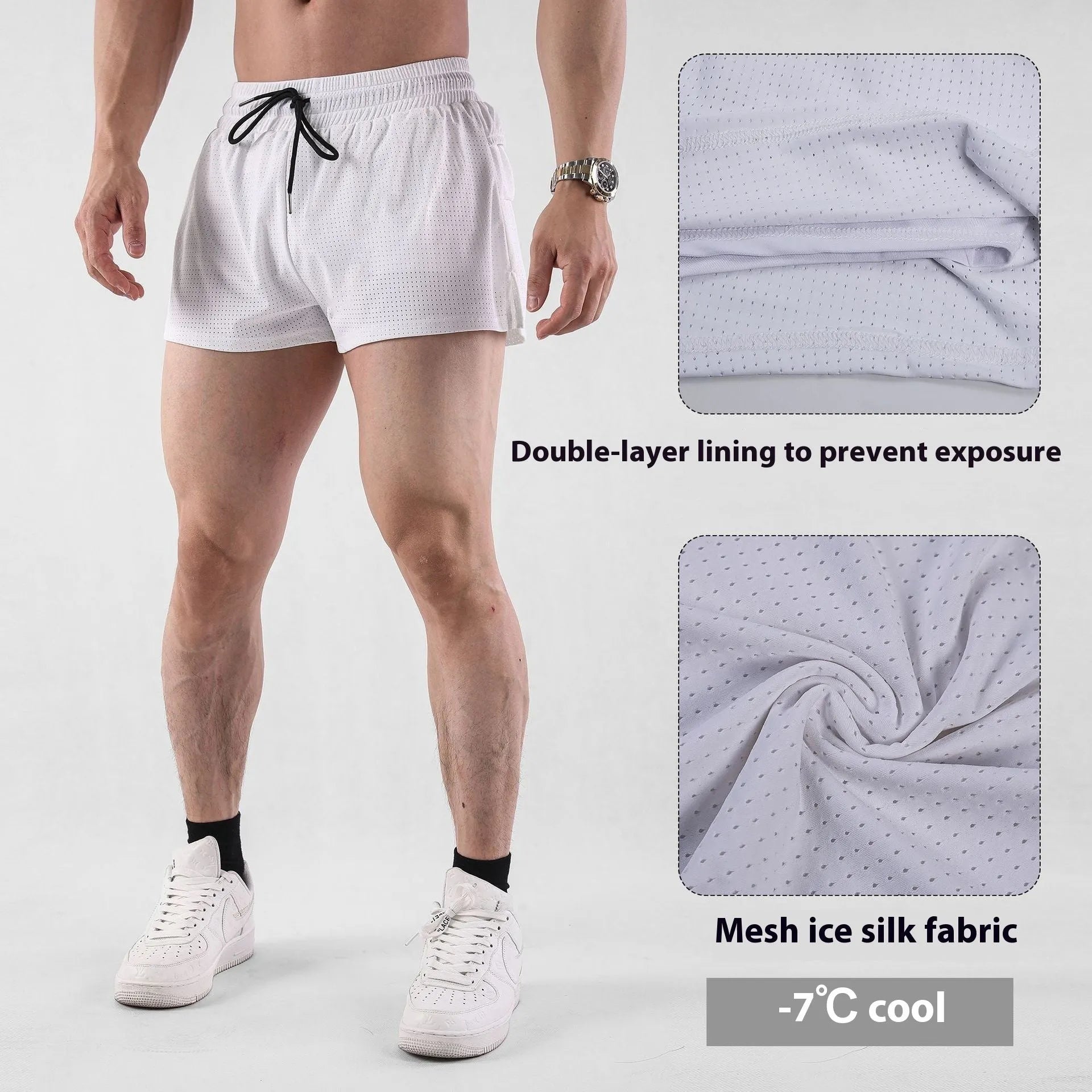Men's black and white quick-drying nylon shorts for summer sports and leisure.