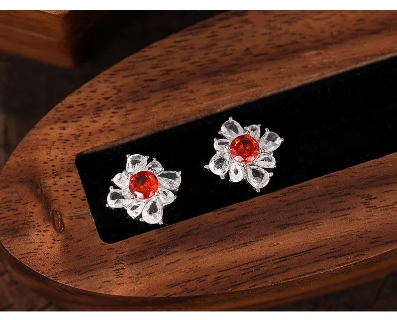 Retro geometric women's earrings in sterling silver with white gold electroplating and pigeon red tones