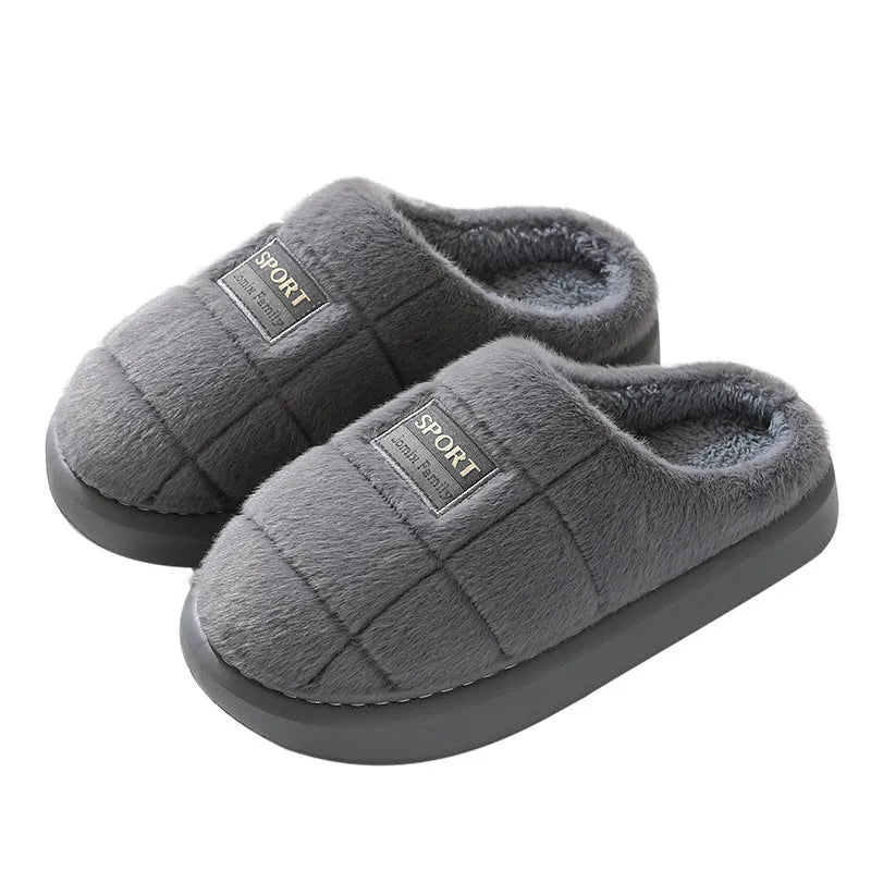Grey and brown plaid men's winter slippers with thick EVA sole and wool lining.
