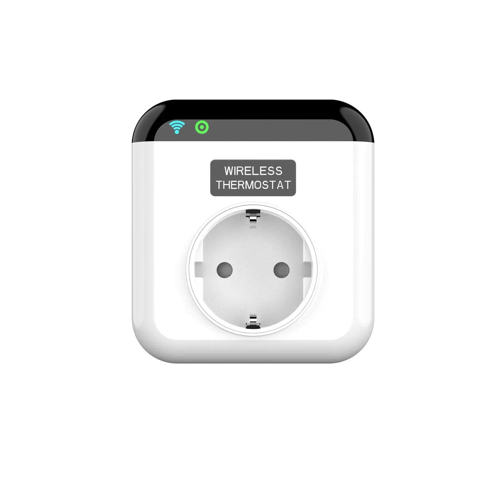 White European smart socket with remote control showing two power jacks and dimensions