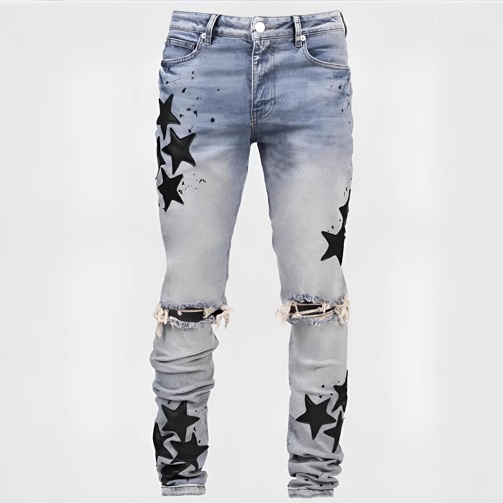 Men's slim stretch jeans with embroidery detailing on micro-elastic denim fabric