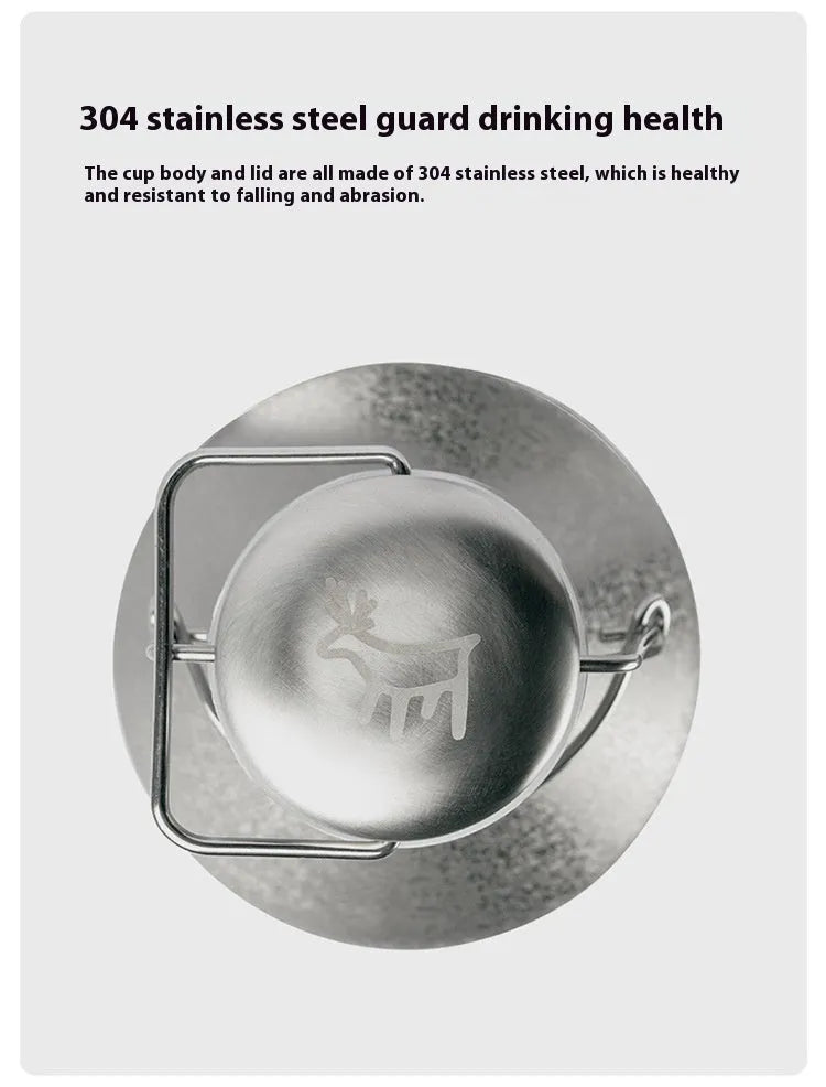 Large stainless steel thermal pot with carrying handle for outdoor camping and hiking use