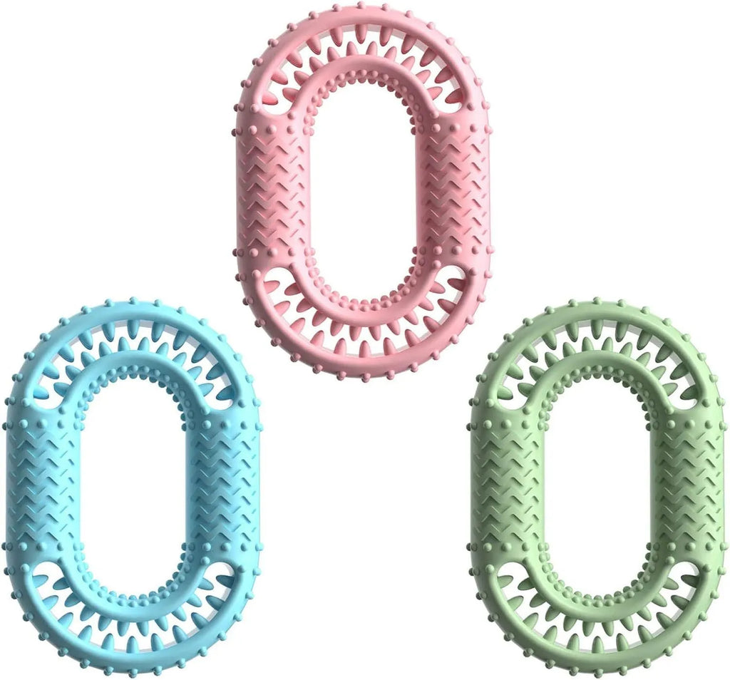 Blue O-ring shaped dog chewing toy for large breed aggressive chewers on a plain background