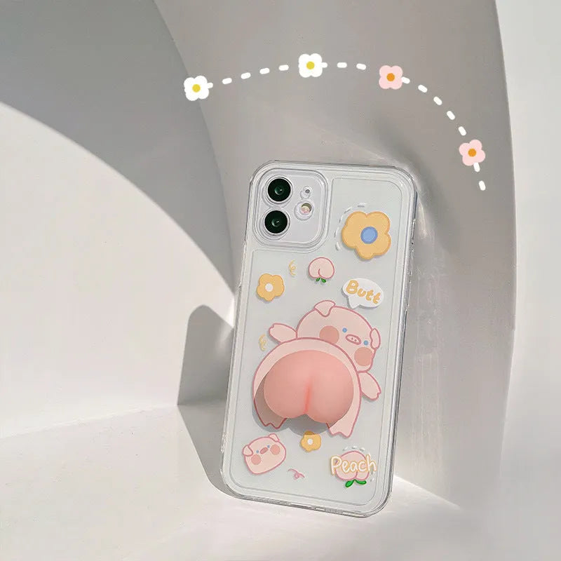 Transparent silicone phone case with three-dimensional cartoon pig butt design for iPhone
