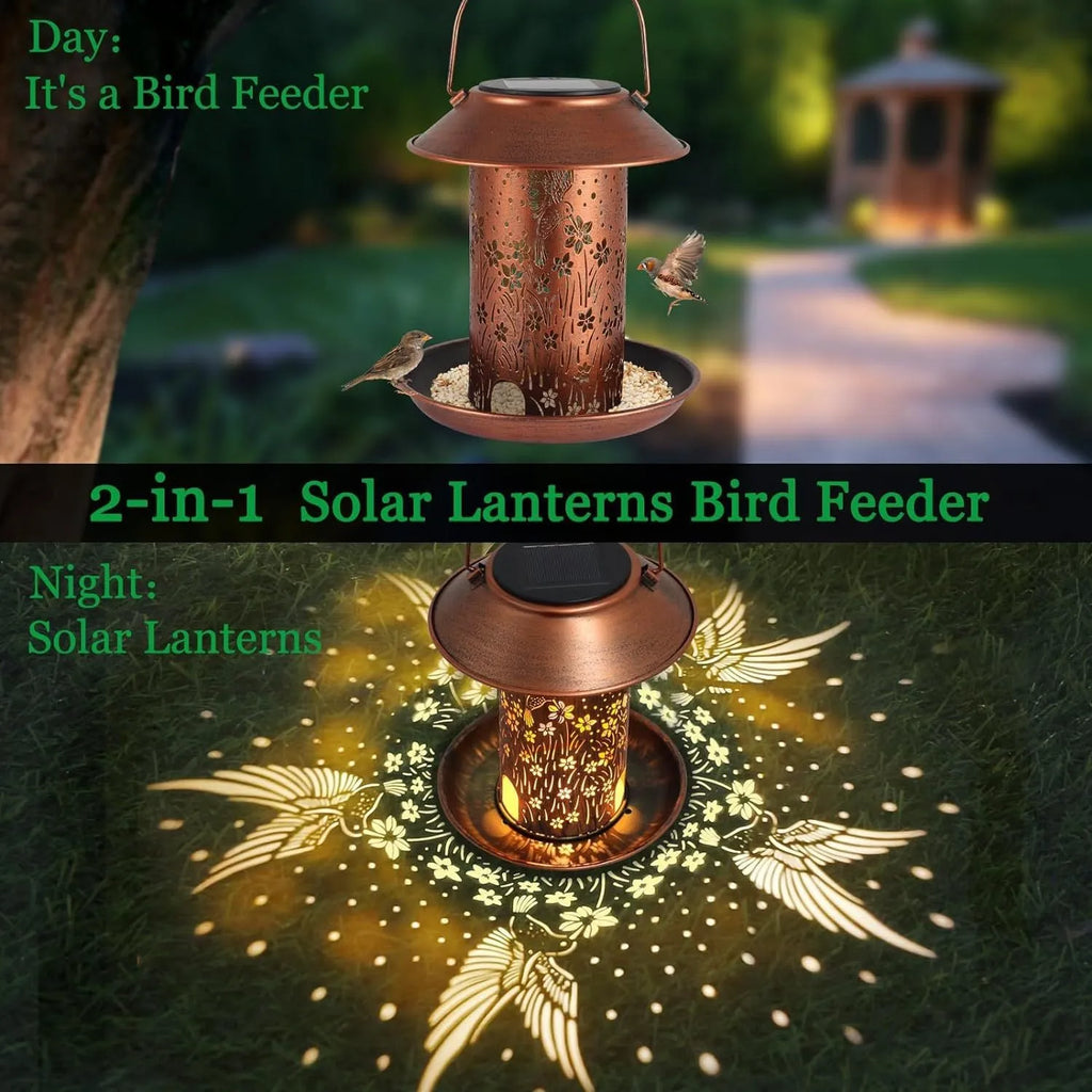 Solar-powered hummingbird pattern iron art bird feeder with integrated LED garden light