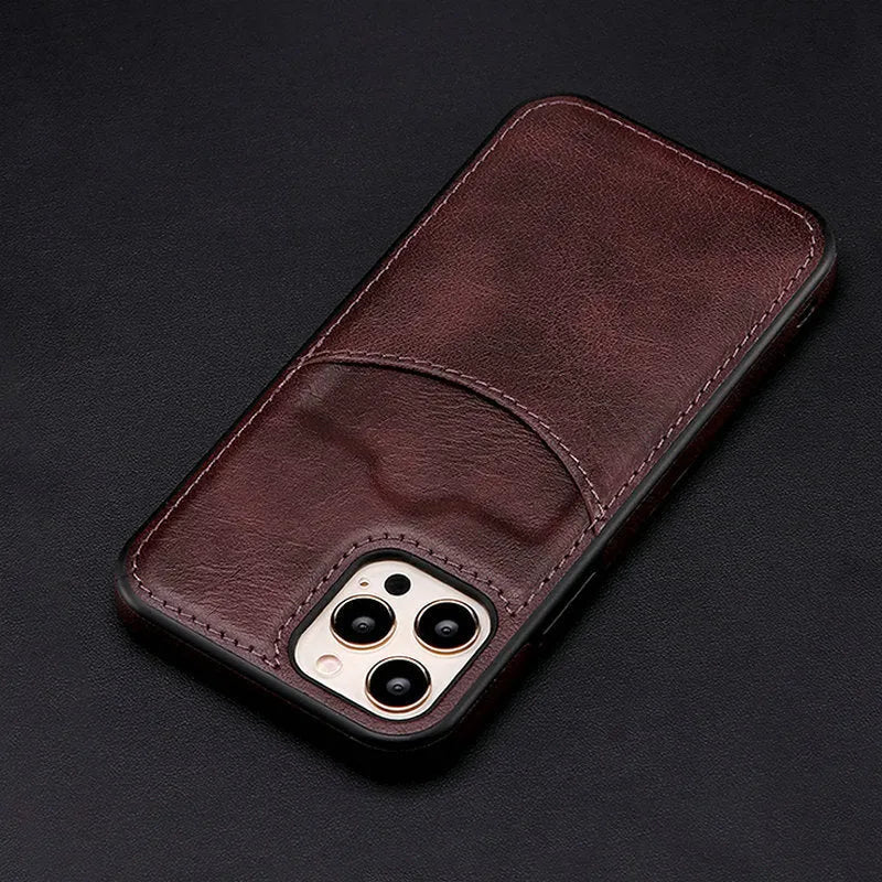 Dark blue PU leather protective case for an iPhone, showing precise model fit.