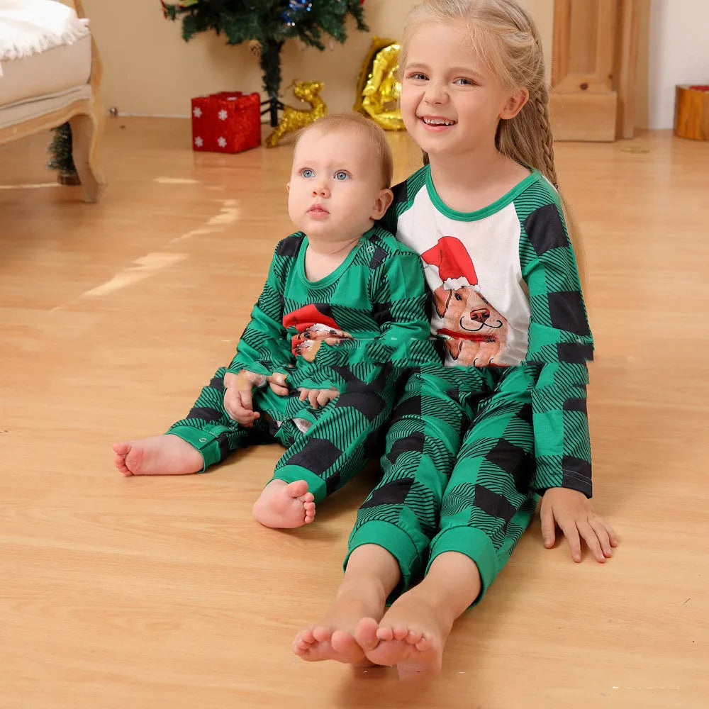 Family set Christmas long sleeve pyjamas in green with animal cartoon pattern on brushed polyester fabric