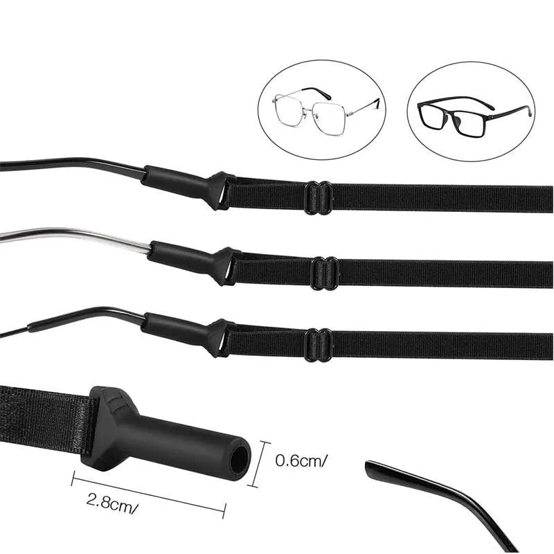 Black adjustable glasses retention cord with silicone earpieces for adult and children's eyewear