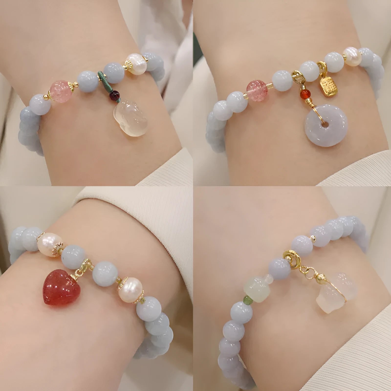 Aquamarine crystal bracelet with gold-plated climbing cat charm for women