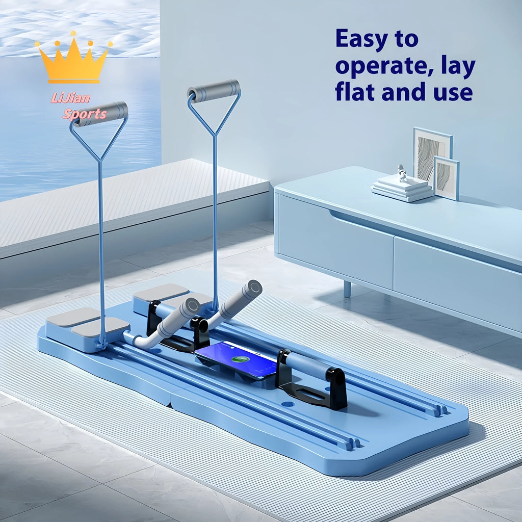 Blue multi functional fitness board with foldable design and Ab rocket on a light background
