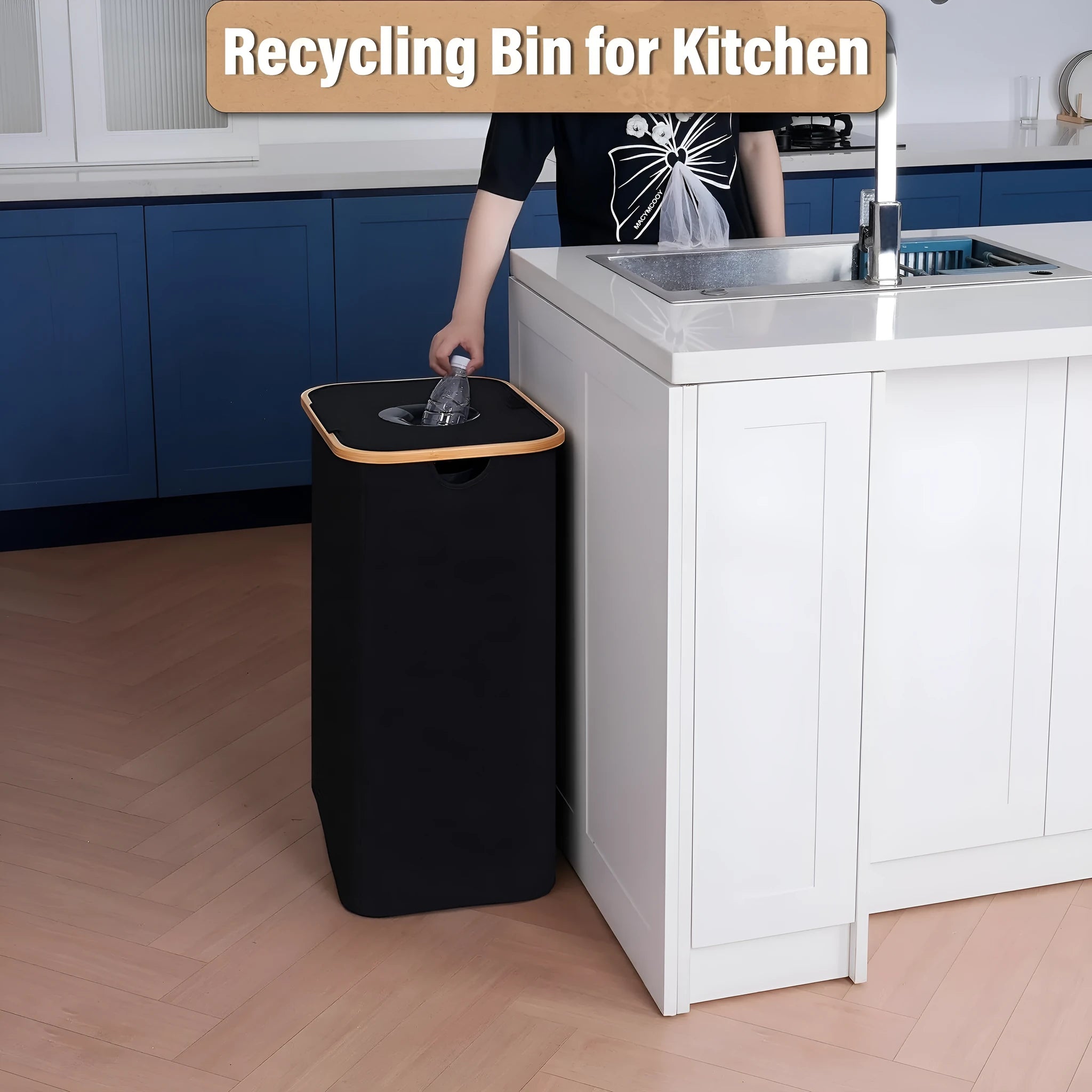 Black bamboo storage basket with removable lid and double inner pockets made from Oxford cloth