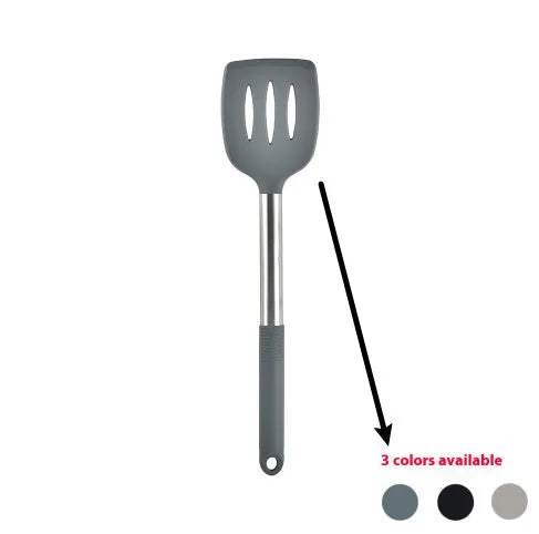 12-piece silicone kitchen utensil set in rotating storage bucket, showing spatula, ladle, and other tools.