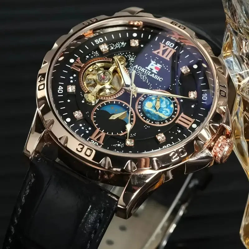 Men's black automatic watch with rose gold shell, large hollow dial, and genuine leather strap.