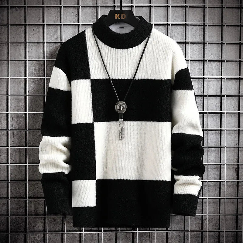 Men's casual cardigan in colour block black with white collar, loose fit, thickened modal polyester fabric