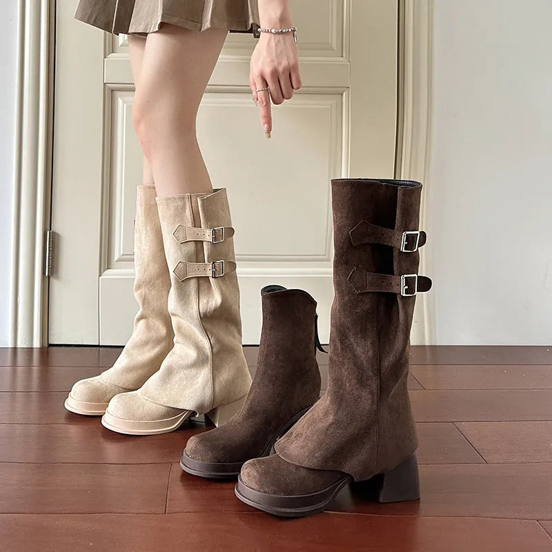 Women's removable pile chunky heel platform high leg boots in apricot suede with back zipper and round toe