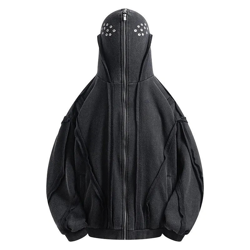 Black retro-style men's cotton padded coat with a zip front and hood on a loose fit.