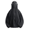 Black retro-style men's cotton padded coat with a zip front and hood on a loose fit.