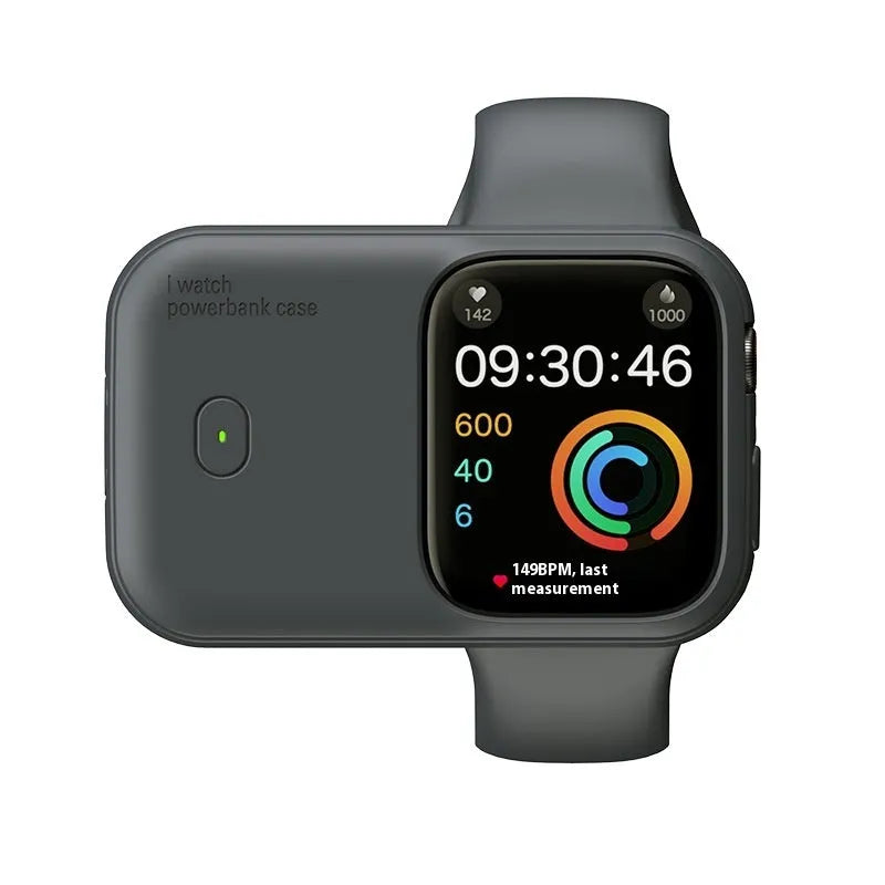 Apple Watch portable wireless charging case and silicone cover in brown, midnight blue, or starlight.