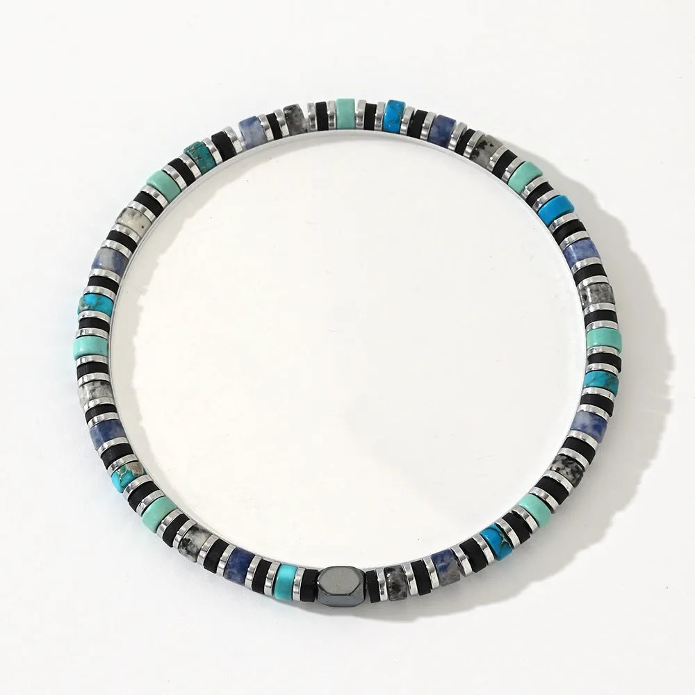 Cylindrical semi-precious stone bracelet with geometric design and hand-woven construction