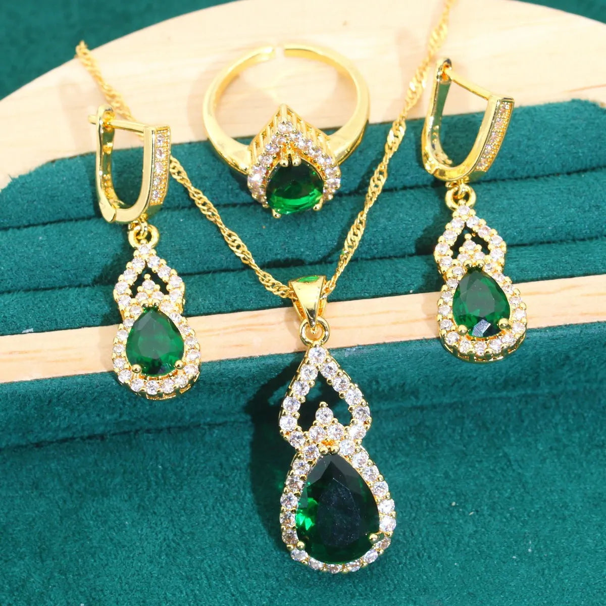 Retro bridal jewellery set copper inlaid zircon cross crown motifs earrings ring necklace bracelet green red