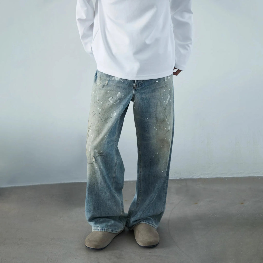 Ice Blue splash ink distressed straight leg cotton denim jeans with zip fly