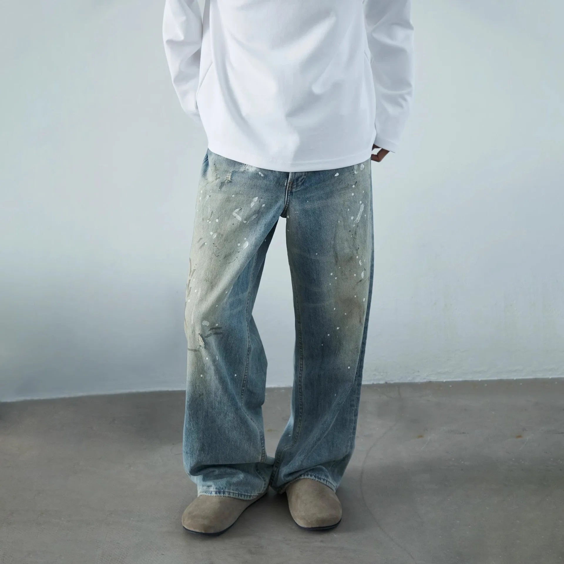 Ice Blue splash ink distressed straight leg cotton denim jeans with zip fly