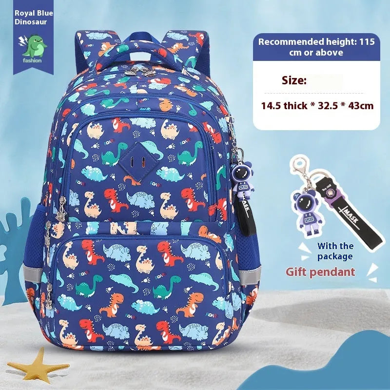 Children's Oxford cloth school backpack in a dinosaur pattern, showing curved straps and spine protection design.