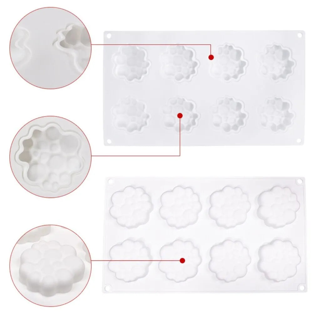 Round silicone baking mould with 8-bubble patterned base for cakes and desserts.