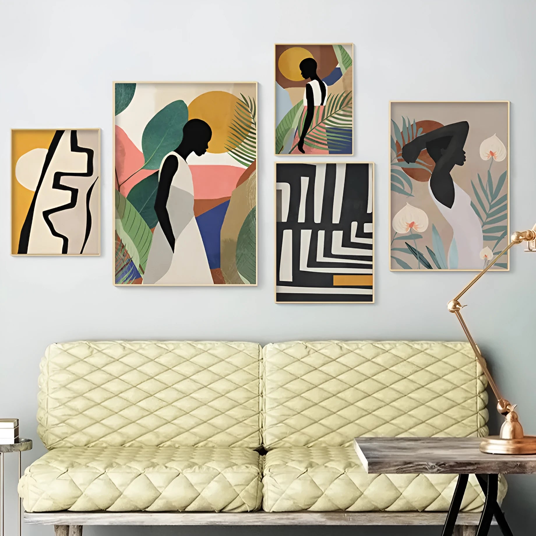 Abstract African women flower leaf mural art canvas painting, spray print, frameless rectangle, multiple sizes available