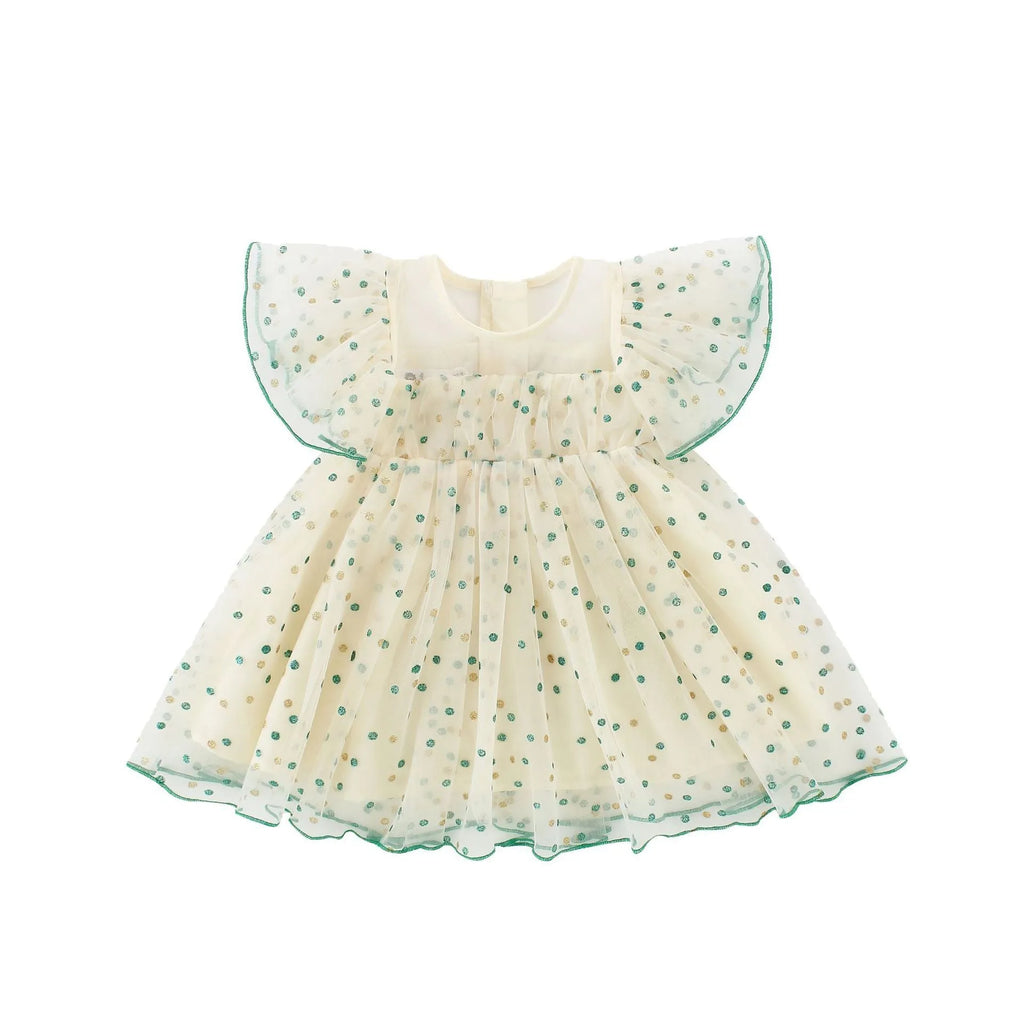 Children's green striped yellow cotton romper dress with sleeveless A-line skirt for girls 3-8 years