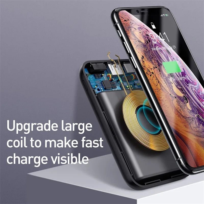 Small square black wireless fast charging power bank with digital display showing battery percentage