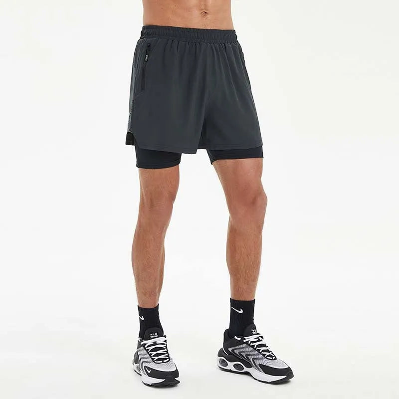 Men's black double-layer running shorts with a built-in liner for fitness training