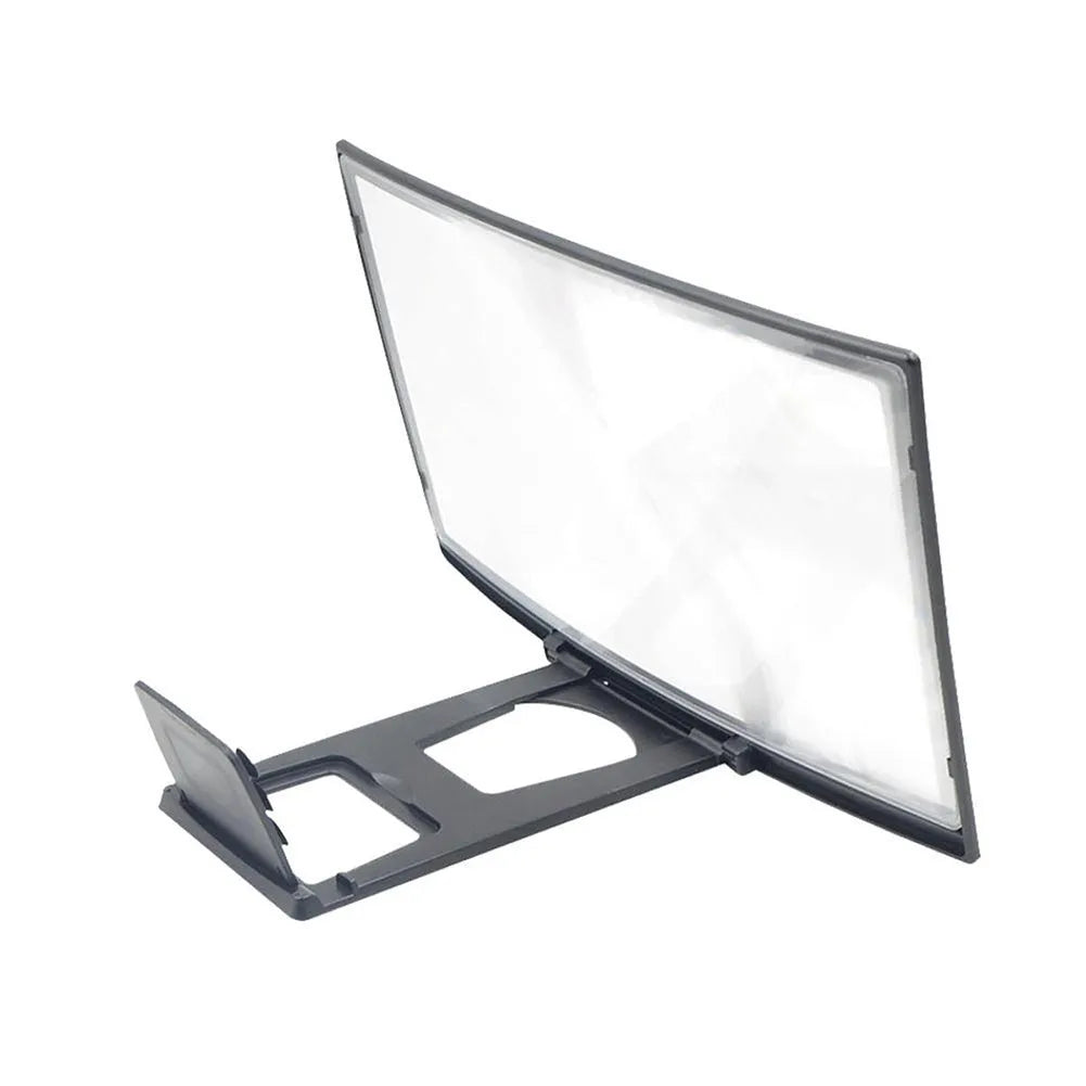 12 inch black mobile screen magnifier with curved arc frame and HD acrylic lens on a desktop