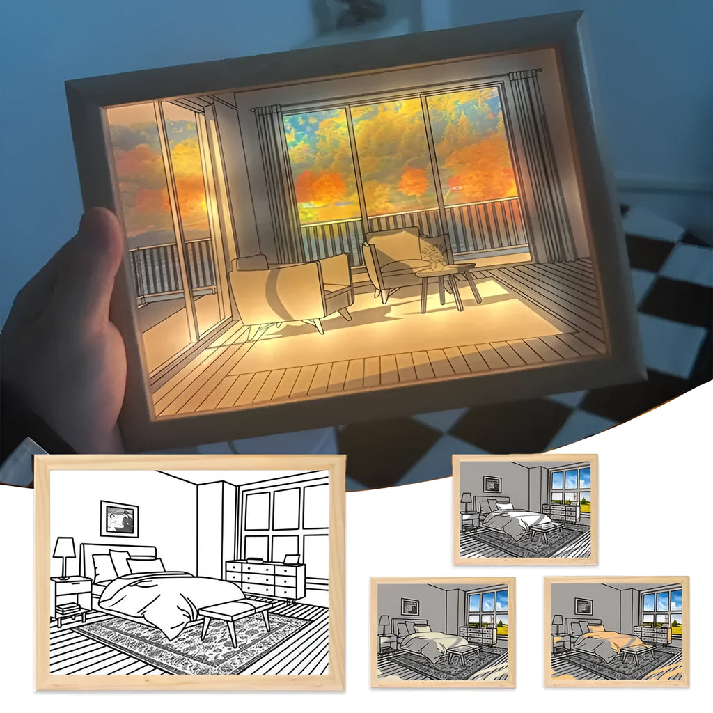 Modern rectangular LED light painting showing a scenic image, with USB cable and button control.