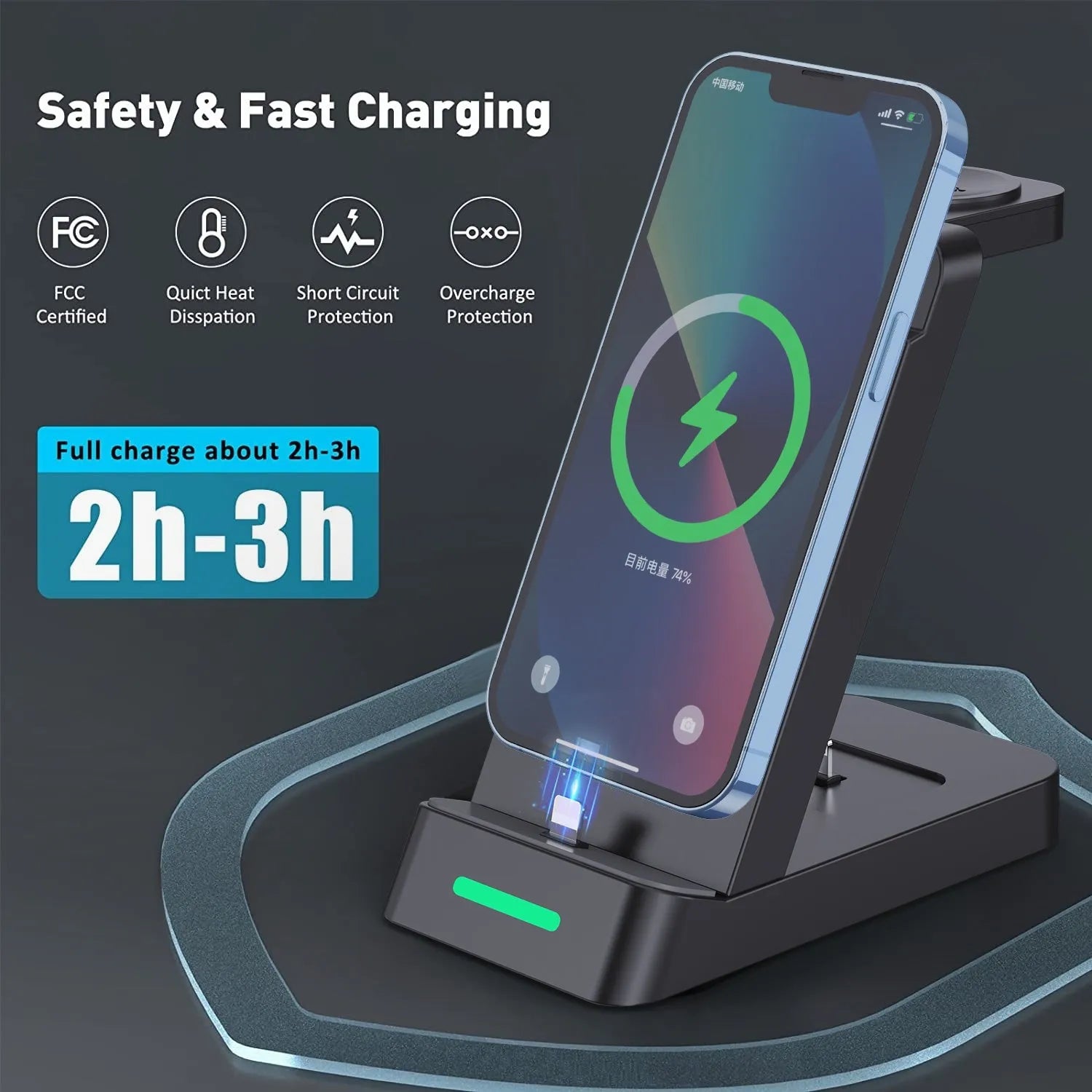 Black and white 3-in-1 wireless desktop charger with foldable phone stand, showing charging spots for a phone, AirPods, and an Apple Watch.