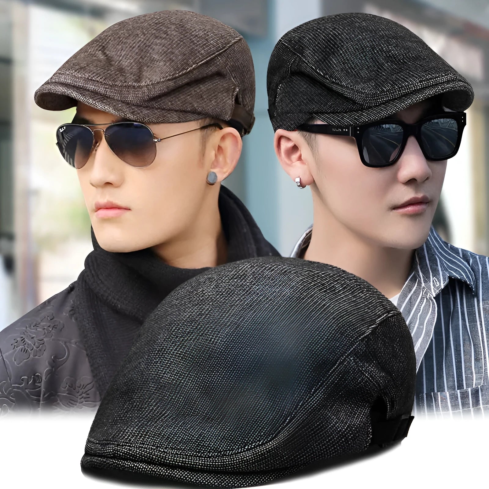 Men's adjustable cotton and linen beret in dome crown style on a neutral background