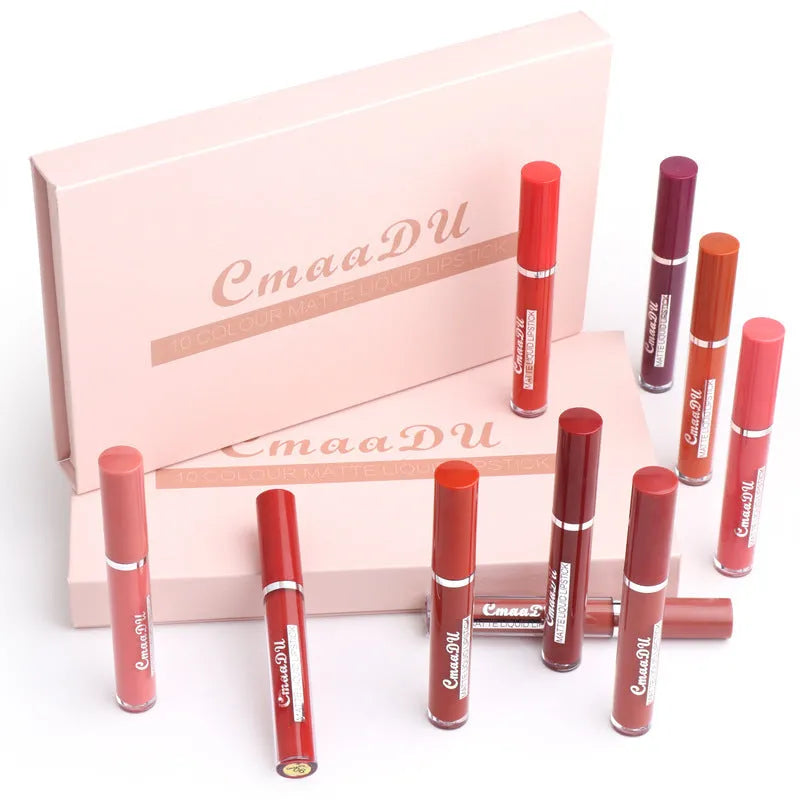 Pack of 10 matte finish lipsticks with non-stick waterproof properties in photo-realistic colours