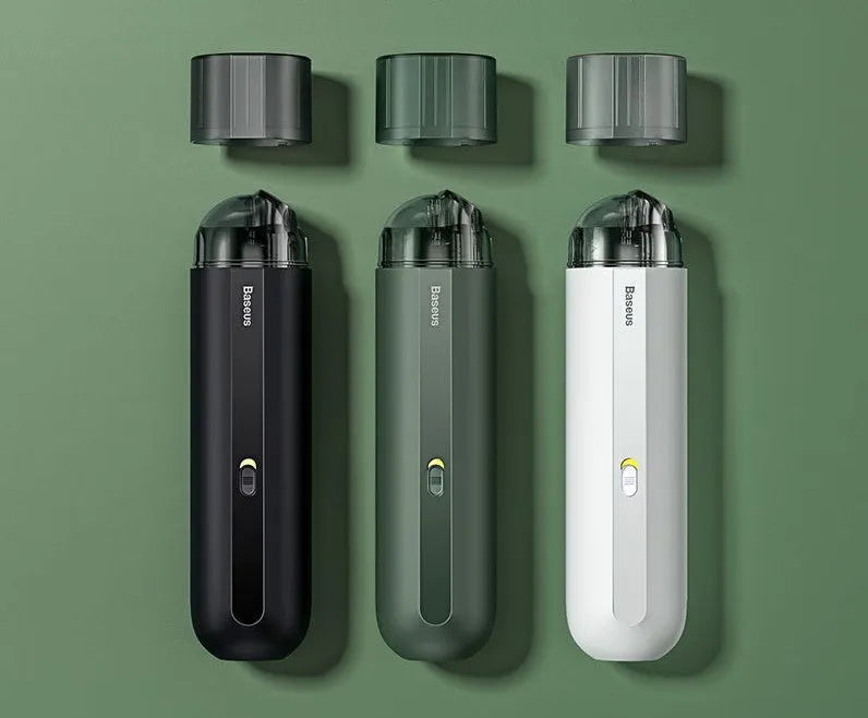 Baseus handheld cordless car vacuum cleaner with blowing hose, shown in black next to its 60ml dust cup.