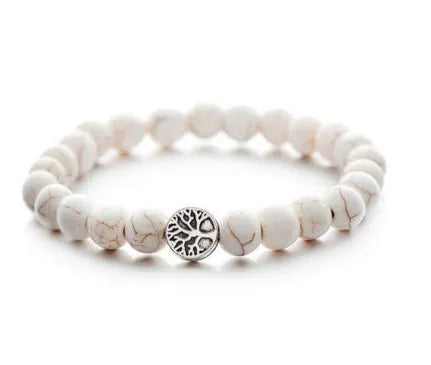 Handmade alloy volcano white turquoise natural stone bracelet with obsidian, lava, and tiger eye beads