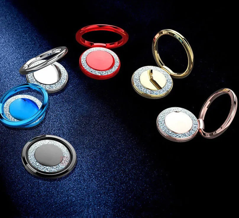Bling glitter metal phone ring holder in silver colour, showing 360-degree rotation.