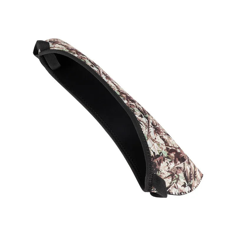 Reversible neoprene scope cover for rifle or shotgun in black and camouflage print lying flat