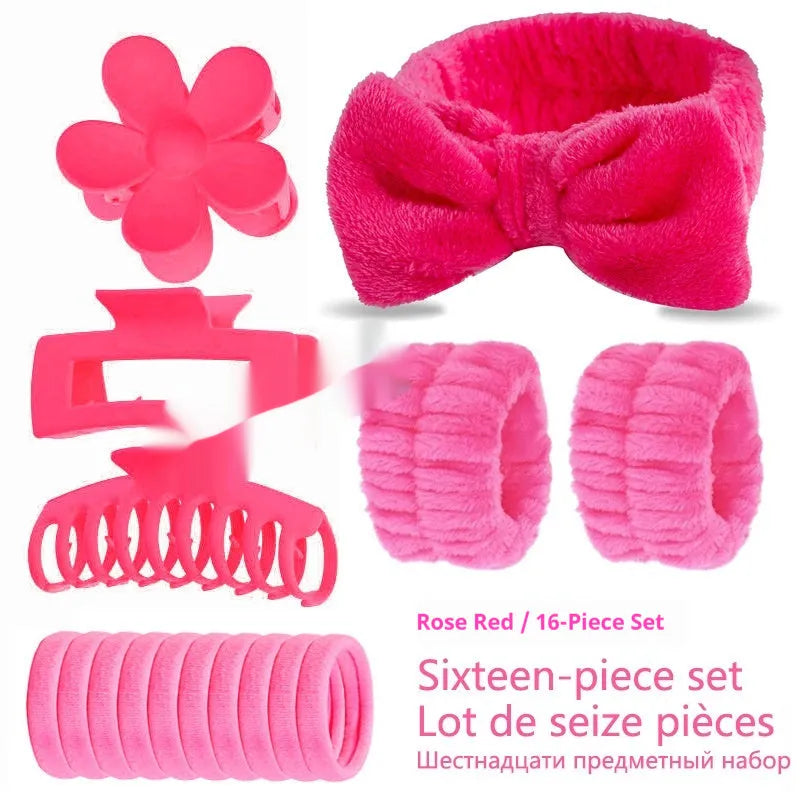 16-piece bow washing face hair band set with wrist strap, plaid pattern, multiple colours