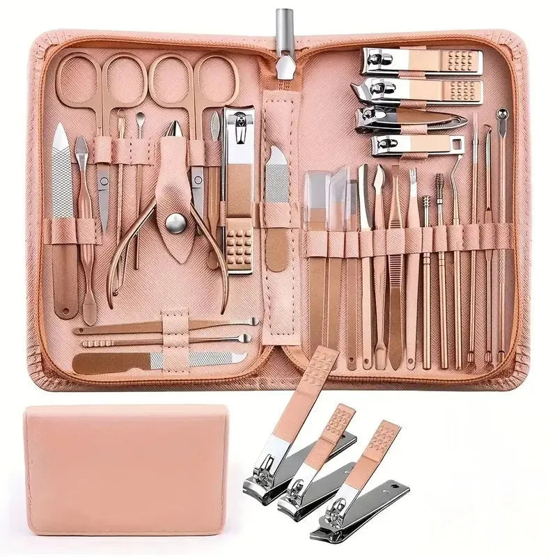 30-piece stainless steel nail beauty tool set shown in pink, blue, rose gold, black, and green colour options.